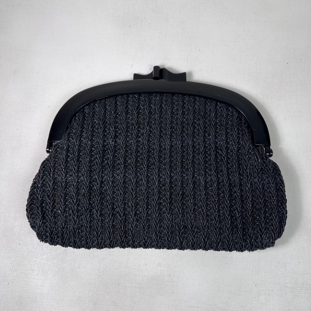 Vintage Bag World Handbag Clutch Kisslock Closure Evening Bag‎ Purse Black Woven
